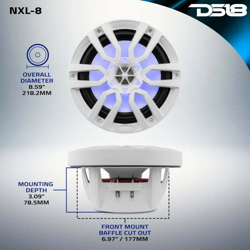 Ds18 Nxl Series Coaxial Marine Speaker W/ Rgb Lights 8In 2-Way 125 Watts Rms 4 Ohm White 1