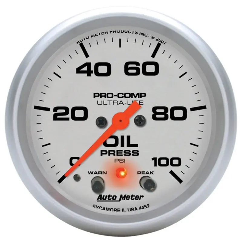 Autometer Ultra-Lite 66.7Mm Digital Oil Pressure Gauge – 2 5/8" Face, 100 Psi Range With Peak Hold & Warning Light 1